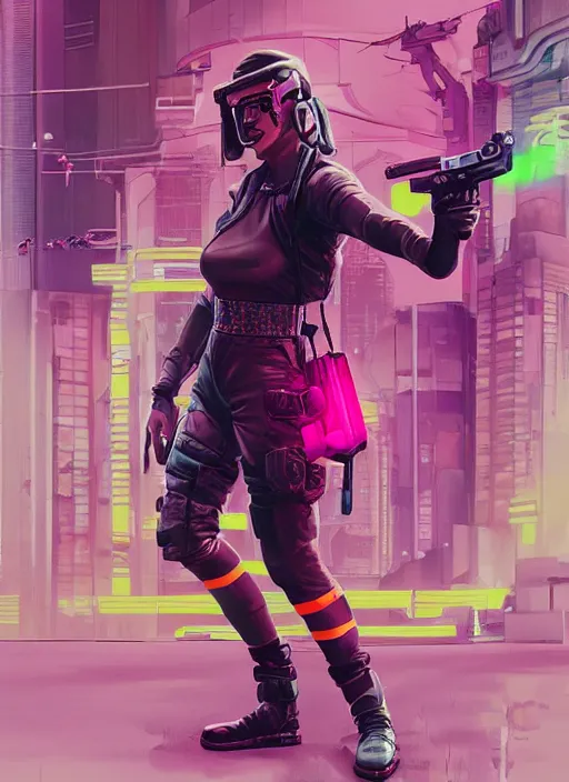 Image similar to cyberpunk female police trooper wearing pink jumpsuit and pointing a yellow belt fed pistol. advertisement for pistol. cyberpunk ad poster by james gurney, azamat khairov, and alphonso mucha. artstationhq. painting with vivid color, cell shading. buy now! ( rb 6 s, cyberpunk 2 0 7 7 )