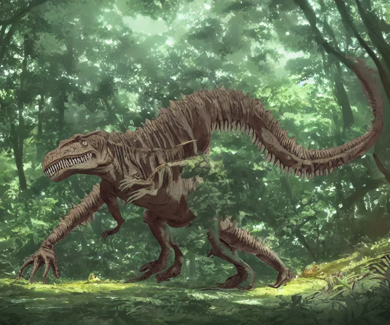 Image similar to t - rex in a forest, anime fantasy illustration by tomoyuki yamasaki, kyoto studio, madhouse, ufotable, comixwave films, trending on artstation