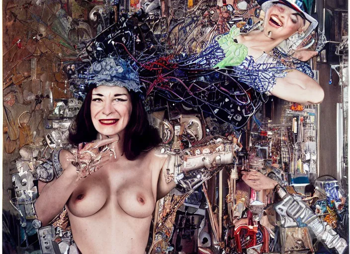 Image similar to a highly detailed beautiful portrait of a cyborg sorceress in a hat, with abs, smiling, by william eggleston, james gurney, james jean