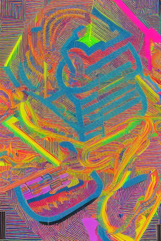 Image similar to volcano made out of colorful generative synthwave art, neon, contemporary, integral painting, by frank stella, by william weege, by eduardo paolozzi