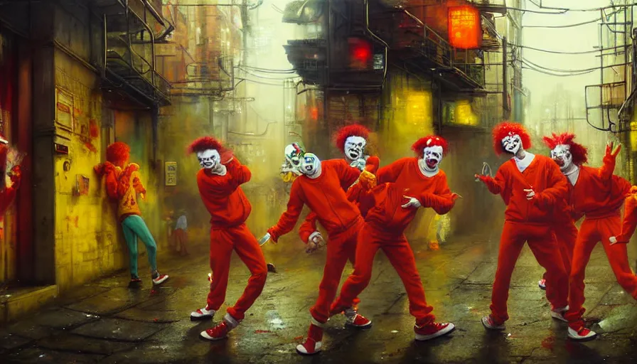 Image similar to highly detailed painting of a group of ronald mcdonalds with red afros, white facepaint, red noses and yellow tracksuits dancing in a cyberpunk alleyway by william turner, by greg rutkowski, by william constable, thick brush strokes and visible paint layers, 4 k resolution, retrowave colour scheme