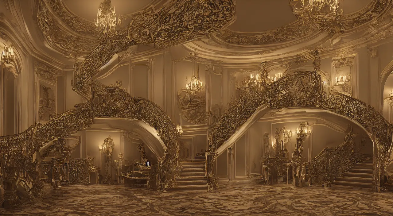 Prompt: a view of the inside of a mansion with a grand staircase in the center, intricate, elegant, highly detailed, ornate, beautifully lit, ray traced, octane render