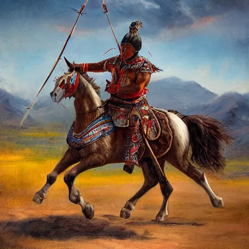 Prompt: mongolian warrior from ancient lands of taran shooting arrows from his horse, highly detailed, ultrawide lens, impressionism, chiaroscuro