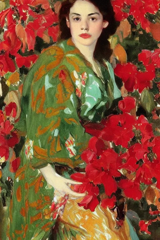 Prompt: a girl with arabesque red and green and golden detailed scarf near bougainvillea and mexican palms, persian carpet, painting by john singer sargent