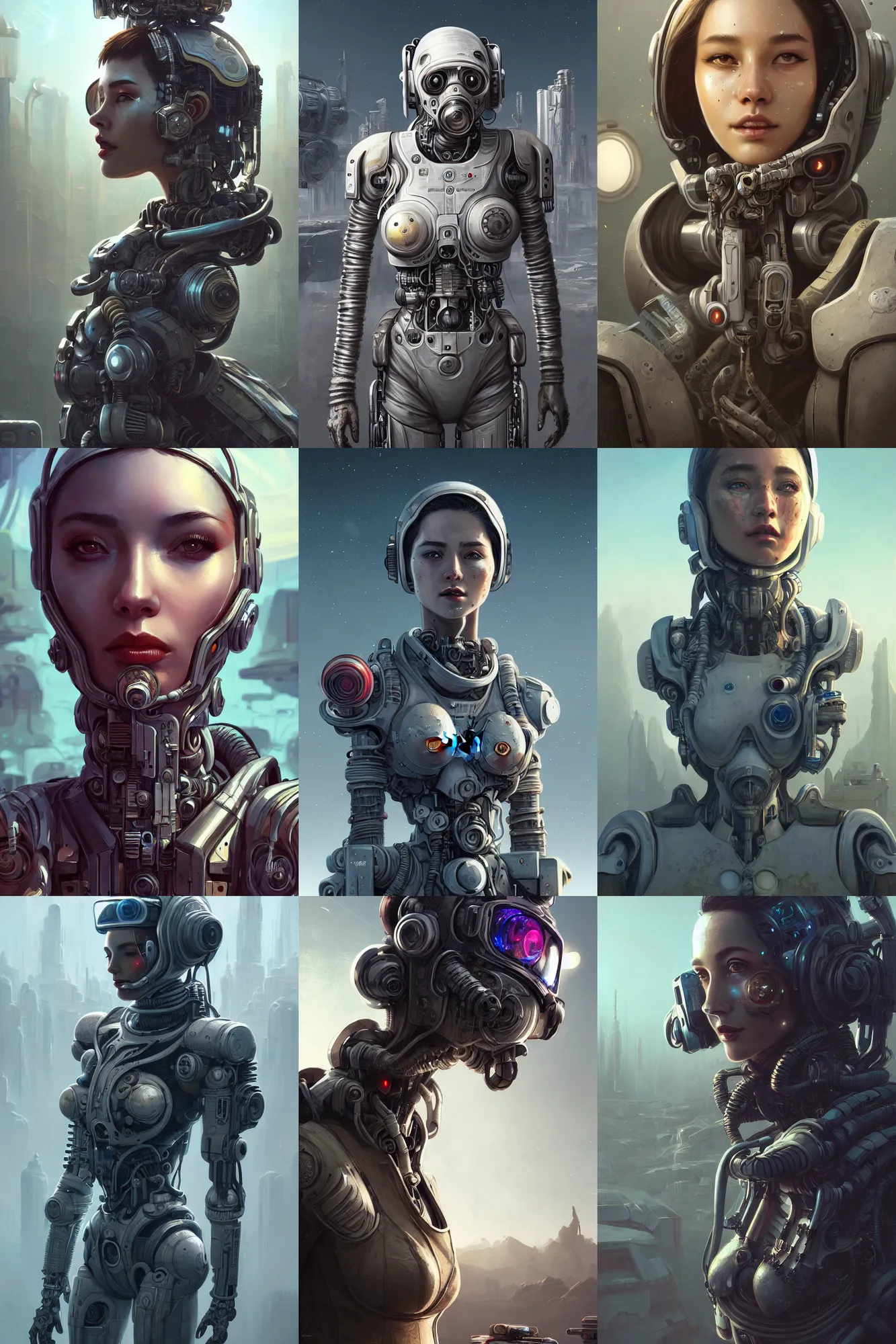 Image similar to ultra realistic style illustration, beautiful alluring nasa cyborg in an apocalyptic wasteland, gorgeous face, cyberpunk, sci - fi, fantasy, intricate, elegant, highly detailed, digital painting, artstation, concept art, smooth, sharp focus, illustration, art by mansik yang and rashed alakroka and simon stalenhag and wlop