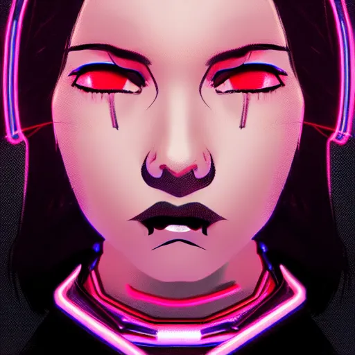 Image similar to headshot of cyberpunk woman wearing thick black choker around neck, detailed face, collar on neck, realistic, artstation, cyberpunk style, neon,