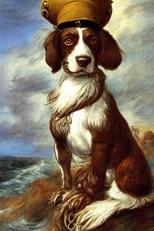 Prompt: A painted portrait of an entirely brown springer spaniel with no white hair, wearing a sea captain's uniform and hat, stood aboard a ship at sea, by Thomas Gainsborough, elegant, highly detailed, anthro, anthropomorphic dog