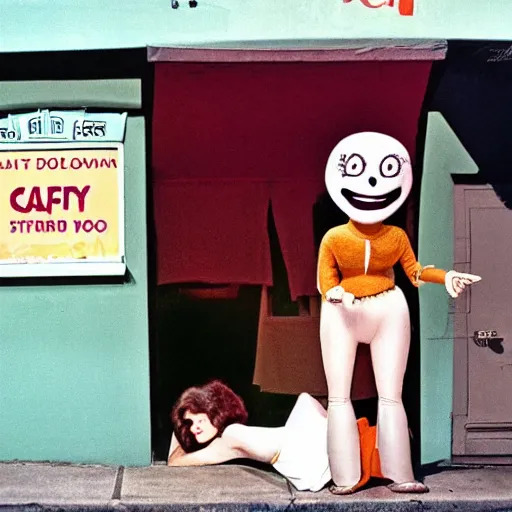 Prompt: 1976 color archival photo of a woman and a puppet that looks like Caspar the Friendly Ghost, in a sidewalk cafe, 16mm film soft color, earth tones and soft color 1976, archival footage, in style of doris wishman russ meyer, woman looks like gilda radner