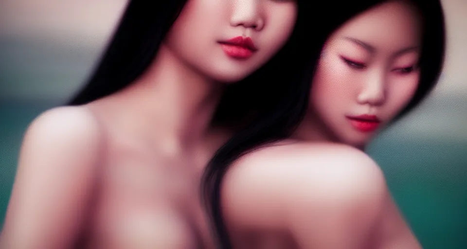 Image similar to medium closeup shot, flash long exposure photography of asian woman fashion posing in the lake, playboy photoshoot, digital illustration by ruan jia, sharp focus, high details