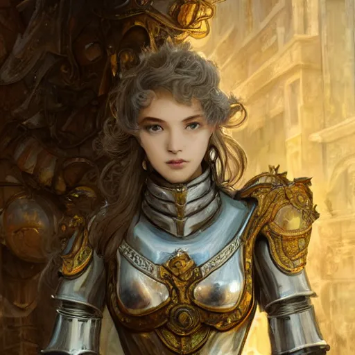 Image similar to portrait knights of Zodiac girl, silver and ice color reflected armor, in ruined Agora of Athens, ssci-fi, fantasy, intricate, very very beautiful, elegant, golden light, highly detailed, digital painting, artstation, concept art, smooth, sharp focus, illustration, art by tian zi and WLOP and alphonse mucha