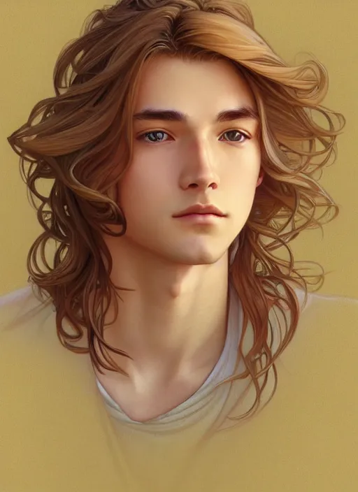 Image similar to pretty young man with shoulder length shiny shimmering golden blond hair, path traced, highly detailed, high quality, digital painting, by studio ghibli and alphonse mucha, leesha hannigan, beautiful details, soft and warm