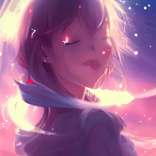 Image similar to anime, full body, bunny girl, a cute female trying to kissing the camera, shooting star in background, long wavy hair, light and shadow effects, highly detailed, digital painting, art station, sharp focus, high quality, frontal view, illustration, concept art, wlop