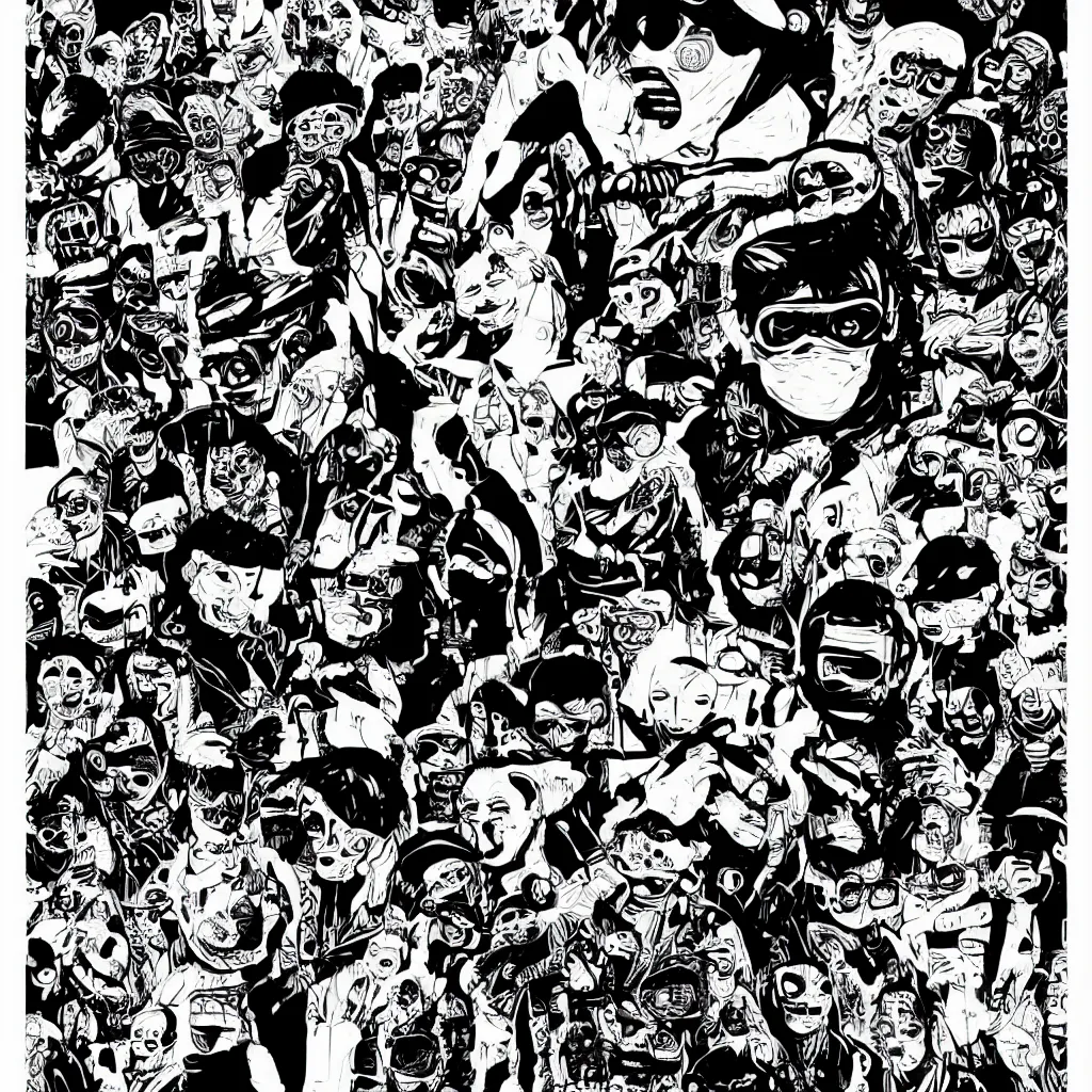 Image similar to faceless human figures, kazuo umezu artwork, jet set radio artwork, stripes, tense, space, skimask, balaclava, ominous, minimal, cybernetic, cowl, ink, acrylic, dots, stipples, lines, hashing, thumbprint, dark, eerie, circuit board, crosswalks, guts, folds, tearing, painting