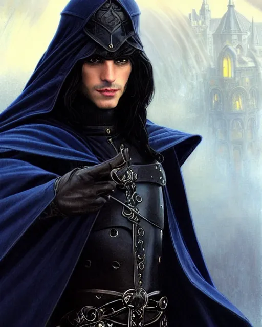 Prompt: handsome male mage fighting a giant, long black hair blue eyes wearing leather mantle gothic navy cloak with leather details, cliffside town, fantasy character portrait, ultrarealistic, intricate details, elegant, cinematic lighting, highly detailed, artstation, cgsociety, sharp focus, beautiful digital painting by artgerm, gerald brom, wlop, alphonse mucha