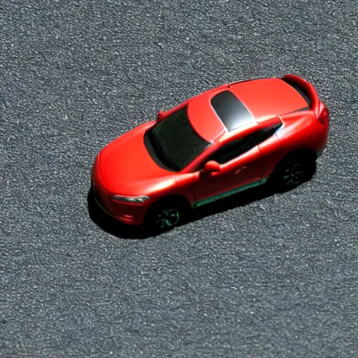 Image similar to a red haired woman driving a Jada toys mitsubishi eclipse green diecast car, high resolution macro photo, viewed through the cars window