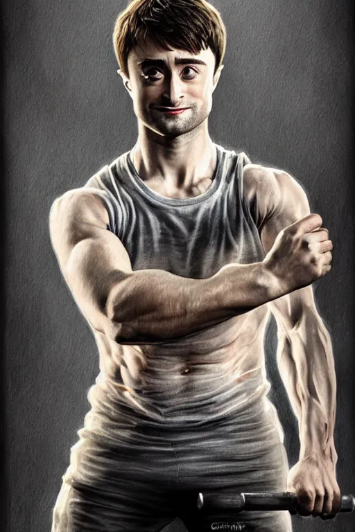 Image similar to highly detailed rendering of Daniel Radcliffe as Harry Potter doing barbell back squats, dingy gym, wearing a muscle tee shirt, symmetrical, highly detailed, digital painting, artstation, concept art, smooth, sharp focus, illustration, cinematic lighting, art by artgerm and greg rutkowski and alphonse mucha