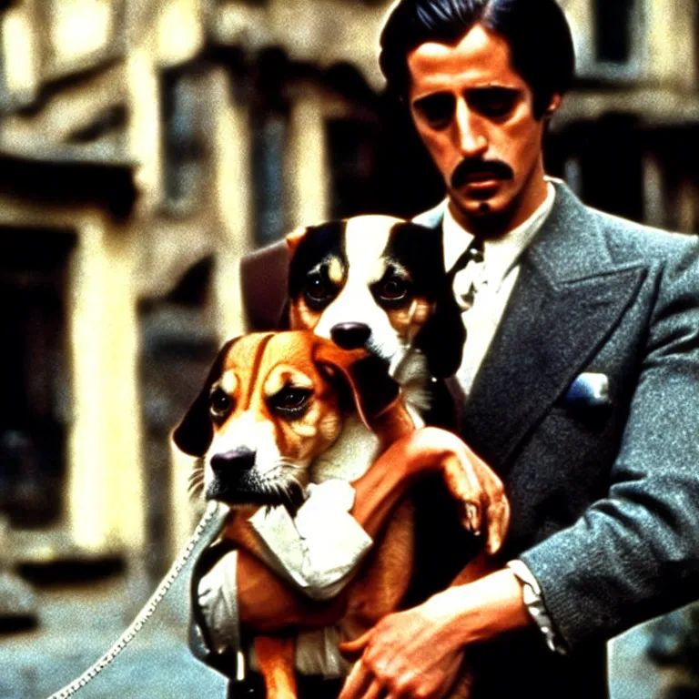 Prompt: man holding a dog photograph, the godfather film screencap, 1 9 7 2