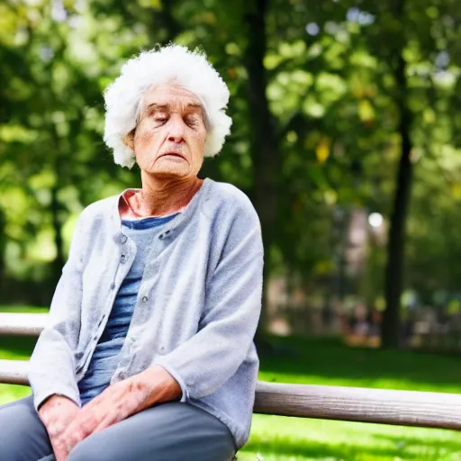 Prompt: an older woman with copd sitting in a park on oxygen, 4 k,