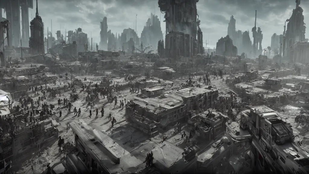 Image similar to a horde of people boarding a spaceship in a post-apocalyptic city, hyperrealistic, Cryengine 8k UHD