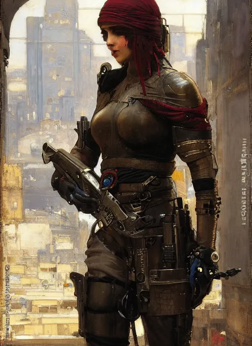 Prompt: beautiful cyberpunk mercenary in tactical gear. Iranian orientalist portrait by john william waterhouse and Edwin Longsden Long and Theodore Ralli and Nasreddine Dinet, oil on canvas. Cinematic, hyper realism, dramatic lighting, high detail 4k