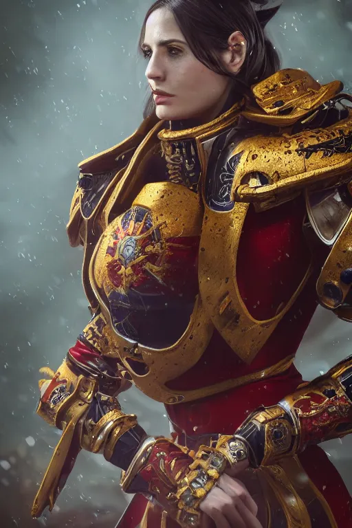 Prompt: a portrait of a adepta sororitas, warhammer 4 0 k setting, dynamic pose, close - up, intricate details, intricately detailed clothing, intricate textures, warm lighting, vivid colors, smoke and mist, realistic octane render, hyper realistic render, volumetric shading, depth of field, raytracing, 8 k,