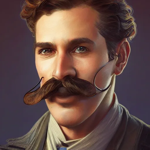 Image similar to Three quarters portrait of a gentleman gunslinger with a moustache, highly detailed, digital painting, art by Stanley Lau and Artgerm and magali villeneuve and Alphonse Mucha, artstation, octane render, cgsociety