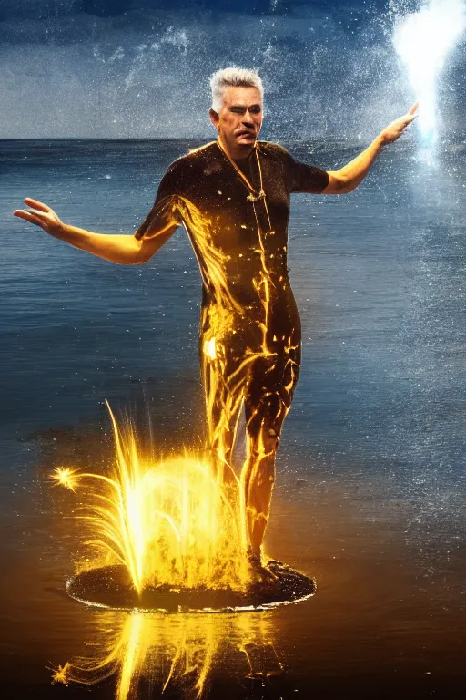 Image similar to h. p. baxxter standing in water with explosion in background, full body, reflection in water, volumetric lighting, golden ratio