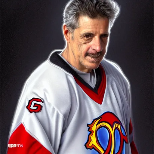 Prompt: 2005 portrait of hockey coach Lou Vairo, fantasy, intricate, elegant, highly detailed, digital painting, artstation, concept art, smooth, sharp focus, luxury fashion illustration, art by artgerm and greg rutkowski and alphonse mucha, brightly lit cinematic soft lighting, photorealistic