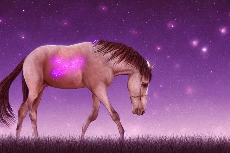 Image similar to a digital painting of a sad horse that's lost on an extraterrestrial planet, strange plants, purple lighting, night sky, glows,