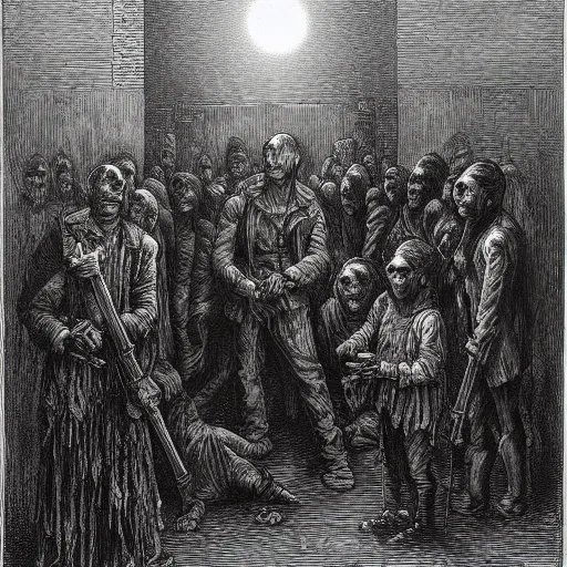 Image similar to 9 steel barrels in a graveyard, 2 zombies, creepy atmosphere, dark, portrait, realistic, illustration by gustave dore