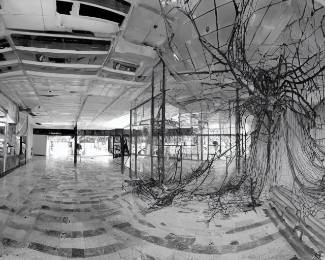 Prompt: camera footage of an abandoned shopping mall overrun by huge spiders and cobwebs, high exposure, dark, monochrome, camera, grainy, CCTV, security camera footage, timestamp, zoomed in, fish-eye lense, spiders!!!!,