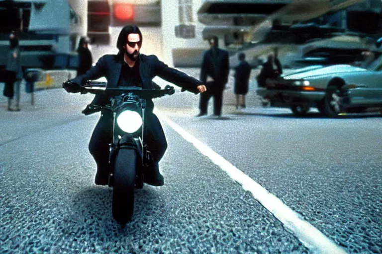 Prompt: beautiful hyperrealism three point perspective film still of Keanu Reeves as neo in bullet time aiming at agent smith in a nice oceanfront promenade motorcycle chase scene in Matrix meets ronin(1990) extreme closeup portrait in style of 1990s frontiers in translucent porcelain miniature street photography fashion edition,, tilt shift style scene background, soft lighting, Kodak Portra 400, cinematic style, telephoto by Emmanuel Lubezki