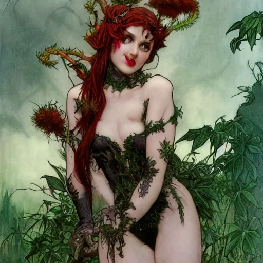 Image similar to a beautiful and detailed matte painting of a seductive succubus dressed as poison ivy, fantasy, d & d, dark eyeliner, intricate, elegant, highly detailed, digital painting, artstation, concept art, matte, sharp focus, illustration, art by rebecca guay and by arthur rackham and by alphonse mucha and by john william waterhouse