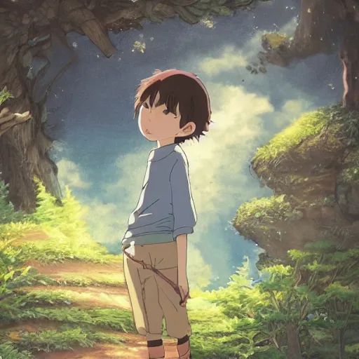 Image similar to friendly guy and small creature , with Fragile looking character portrait face made in Studio Ghibli artstyle ,highly detailed art, beautiful scene, sharp focus, smooth, 8k, anime art, fantasy, style in ghibli anime style, fantasy, island, forest with animals 8k
