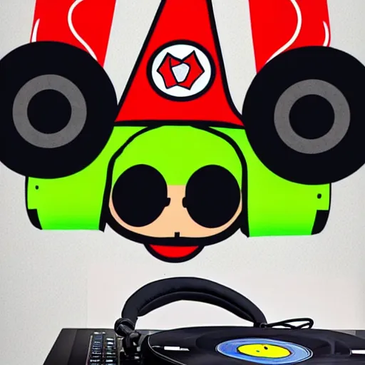 Image similar to svg sticker of a Pop-Wonder SuperMario, Mario-Wearing-a-red-hat, at a rave, spinning records, giant headphones rocking out, wearing headphones, huge speakers, dancing, rave, DJ, spinning records, digital art, amazing composition, rule-of-thirds, award-winning, trending on artstation, featured on deviantart