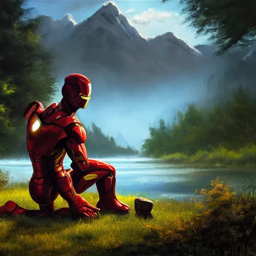 Image similar to a closeup photorealistic photograph of bob ross diligently completing a canvas painting with iron man on the canvas. mountains and trees. film still. brightly lit scene. this 4 k hd image is trending on artstation, featured on behance, well - rendered, extra crisp, features intricate detail, epic composition and the style of unreal engine.
