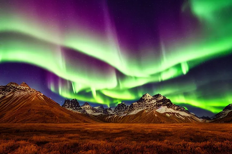 Prompt: beautiful landscape photography by marc adamus, mountains, northern lights