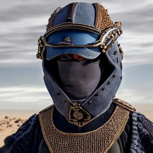 Image similar to Portrait photo of adult Austin Butler with exposed dark-hair head, dressed in grey-prussian blue Tudor-future clothing with embroidered-Rams-head-emblem, and nanocarbon-vest, in an arena in Dune 2021, XF IQ4, f/1.4, ISO 200, 1/160s, 8K