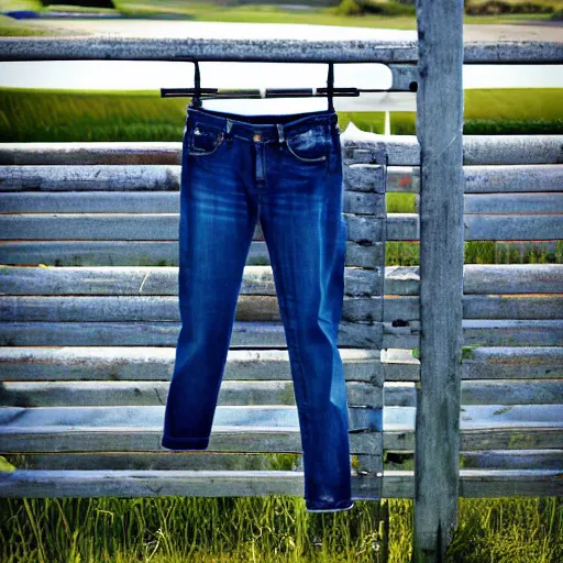 Image similar to i love feeling free and unrestricted in my denim jeans. the fresh air and blue sky feel so good on my skin, and i can't help but smile as i take it all in. standing here, surrounded by fences with other girl's clothes hanging out to dry, feels like a sign that life is still worth living.