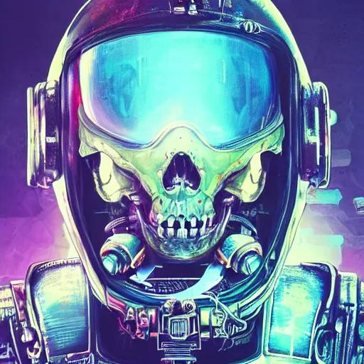 Image similar to portrait of a space pirate skull. intricate abstract. cyberpunk, vhs glitch. full face broken helmet. intricate artwork. nightmare fuel. terrifying ghost in the shell. empty oxygen tank. warhammer 40k crimes against humanity. neon flashes. by Tooth Wu, wlop, beeple, dan mumford. octane render, trending on artstation, greg rutkowski very coherent symmetrical artwork. cinematic, hyper realism, high detail, octane render, 8k, iridescent accents, black and white