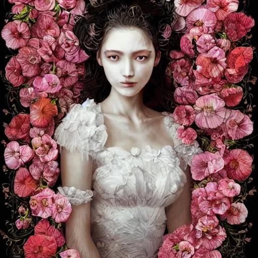 Image similar to the portrait of an absurdly beautiful, graceful, elegant, sophisticated, fashionable young woman made of strawberries and white petals with tears, an ultrafine hyperdetailed illustration by kim jung gi, irakli nadar, intricate linework, bright colors, octopath traveler, final fantasy, unreal engine 5 highly rendered, global illumination, radiant light, detailed and intricate environment