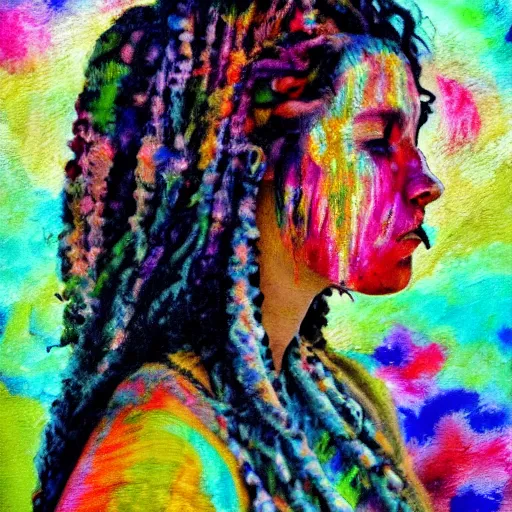 Image similar to a painting of a hippy woman in tie-dye at woodstock, natural colours, character photography, Exquisite detail, post-processing, masterpiece, by Eva Widermann