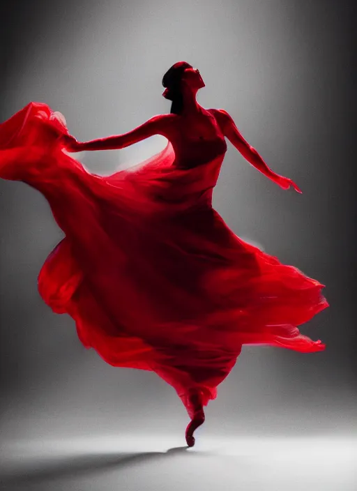 Image similar to a Photorealistic dramatic hyperrealistic render of a glamorous beautiful Female smoke dancer wearing red by Ken Brower and Deborah Ory of NYC Dance project,Lois Greenfield,Flowing cloth and smoke,Beautiful dynamic dramatic dark moody lighting,volumetric,shadows,cinematic atmosphere,Octane render,8K