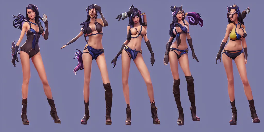 Image similar to rendered character sheet of of beautiful Pool party Caitlyn in the game League of Legends, unreal engine 53d trending on art station