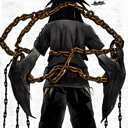 Image similar to A FULL BODY PORTRAIT FROM BEHIND OF MADARA UCHIHA ,THE MAN KEEPS A KUSARIGAMA AND IT IS WRAPPED IN CHAINS ,detailed, concept art, ink style , sketch