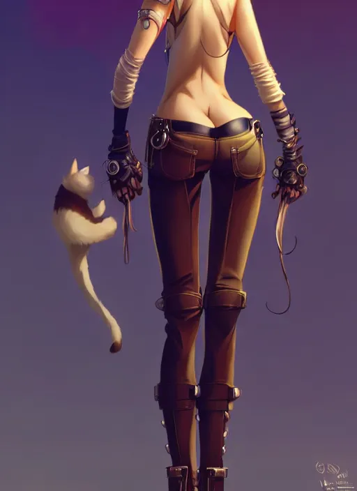 Prompt: wide angle beautiful full body portrait of a strong female anthropomorphic anthro lynx fursona from behind wearing a steampunk leather pants. paw pads instead of feet, character design by disney, anime, manga, charlie bowater, ross tran, artgerm, and makoto shinkai, detailed, soft lighting, rendered in octane