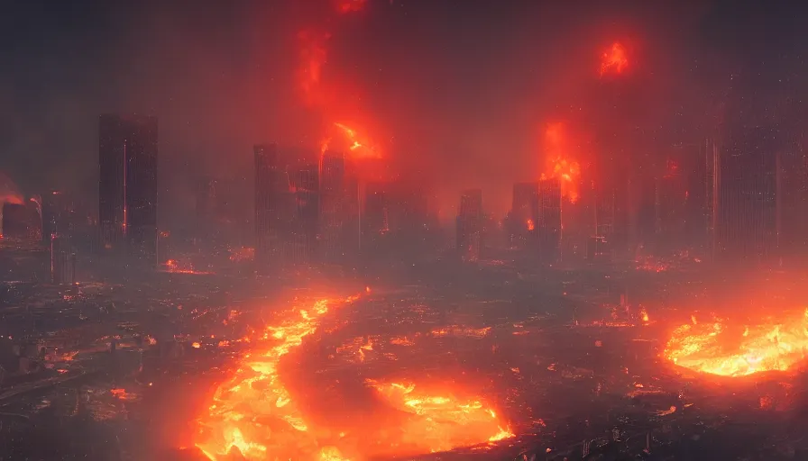 Image similar to Kronos destroying Los Angeles, fire and ashes everywhere, smoke columns, hell on earth, apocalypse, people fleeing, explosions, hyperdetailed, artstation, cgsociety, 8k