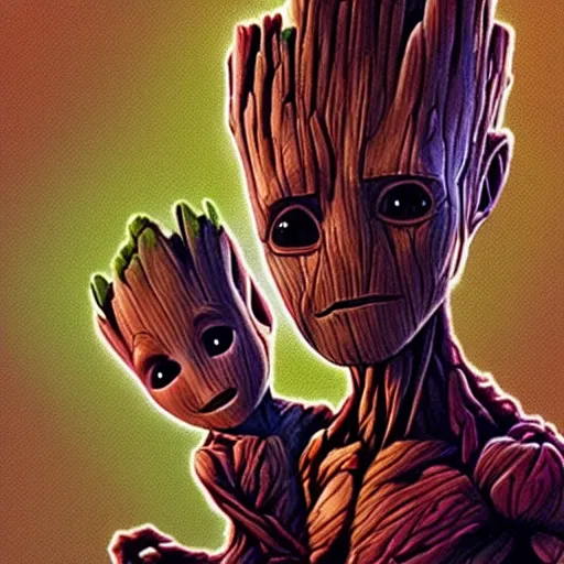 Image similar to a baby groot portrait in the style of drew struzan