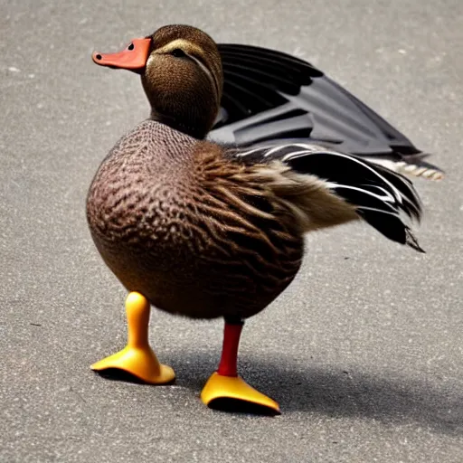 Image similar to a duck with wheels instead of legs