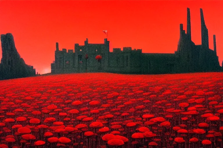 Image similar to only with red, red flowers of different types, a castle in the background, red giants rest over the flowers, in the style of beksinski, part by hopper, part by rodcenko, part by hofbauer, intricate composition, red by caravaggio, insanely quality, highly detailed, masterpiece, red light, artstation, 8 k